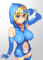  1girl :3 bad_id bad_pixiv_id bare_shoulders bell blonde_hair blue_eyes blue_gloves blue_thighhighs blush breasts collar covered_erect_nipples doraemon doraemon_(character) elbow_gloves genderswap genderswap_(mtf) gloves highres hood hooded_jacket jacket looking_at_viewer navel nbo neck_bell personification sleeveless solo thighhighs wrist_cuffs 