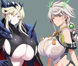  2girls artoria_pendragon_(fate) artoria_pendragon_(lancer_alter)_(fate) blonde_hair braid braided_ponytail breasts cape character_request cleavage cleavage_cutout clothing_cutout crossover fate/grand_order fate_(series) grey_background huge_breasts kantai_collection kloah large_breasts long_hair multiple_girls ponytail pov single_braid trait_connection underboob unryuu_(kancolle)  rating:Sensitive score:93 user:danbooru