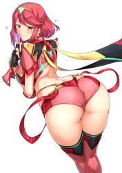 1girl arched_back armor ass back black_gloves blush breasts closed_mouth condom condom_wrapper curvy fingerless_gloves gloves halcon headpiece highres huge_ass large_breasts legs looking_at_viewer nintendo panties pauldrons pyra_(xenoblade) red_eyes red_hair red_panties red_thighhighs short_hair short_shorts shorts shoulder_armor sidelocks simple_background smile solo swept_bangs thick_thighs thighhighs thighs tiara underwear white_background wide_hips xenoblade_chronicles_(series) xenoblade_chronicles_2 rating:Questionable score:96 user:danbooru