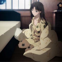  1girl animal_print artist_request bed bed_sheet black_hair blue_eyes fate/stay_night fate_(series) female_focus hair_down half-closed_eyes highres indoors long_hair messy_hair neck on_floor pajamas parted_bangs sitting sleepy solo tohsaka_rin type-moon unbuttoned wariza window wooden_floor  rating:Sensitive score:19 user:emiyashiro