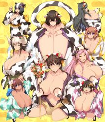 6+girls abstract_background absurdres ahoge animal_ears animal_print bandages bandages_around_chest bare_shoulders black_eyes black_hair blue_eyes blush breast_pump breasts brown_eyes brown_hair cathyl chinese_zodiac cleavage collarbone covered_erect_nipples cow_ears cow_girl cow_horns cow_print crossover dark-skinned_female dark_skin dot_nose expressionless facial_mark female_focus full_body gigantic_breasts ginny_(ishuzoku_reviewers) green_eyes guinea hair_between_eyes hair_ornament half-closed_eyes happy head_tilt highres holstein_friesian_cattle_(kemono_friends) horns huge_breasts huge_filesize huge_nipples idolmaster idolmaster_cinderella_girls ishuzoku_reviewers japanese_clothes kemono_friends kimono kneeling lactation large_areolae large_breasts long_ears long_hair looking_back maoyuu_maou_yuusha milking_machine milky_(ishuzoku_reviewers) minotaur miru_holstein monster_musume_no_iru_nichijou multicolored_hair multiple_girls new_year nipples no-rin no_bra oikawa_shizuku open_clothes open_kimono pink_hair plump pointy_ears profile puffy_nipples purple_eyes shiny_clothes shiny_skin short_hair sidelocks sitting size_difference smile togue_(ishuzoku_reviewers) trait_connection tsukasawa_takamatsu two-tone_hair uchi_no_hime-sama_ga_ichiban_kawaii white_hair year_of_the_ox yokozuwari yoshida_kochou rating:Questionable score:243 user:animeboy12