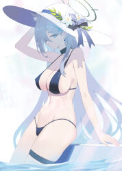 1girl blue_archive breasts closed_eyes covered_erect_nipples earrings hand_on_own_head hat jewelry large_breasts long_hair oro_(lsg0624) partially_submerged pool sagging_breasts shiroko_(blue_archive) shiroko_terror_(blue_archive) solo sun_hat swimsuit thigh_strap very_long_hair water white_hair 