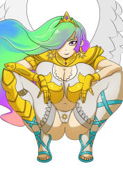 1girl artistic_error breasts_on_lap celestia_(my_little_pony) hair_over_one_eye highres jewelry looking_at_viewer maniacpaint multicolored_hair my_little_pony my_little_pony:_friendship_is_magic oddmachine solo squatting tiara rating:Questionable score:39 user:dmysta3000