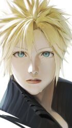  1boy aqua_eyes black_shirt blonde_hair close-up cloud_strife crying extrim1004 final_fantasy final_fantasy_vii final_fantasy_vii_advent_children hair_between_eyes highres looking_at_viewer male_focus parted_lips popped_collar shirt short_hair solo spiked_hair tears upper_body white_background 