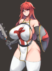  armor artist_request breasts club club_(weapon) cross dantes_ward highres knight large_breasts maoyuu_maou_yuusha onna_kishi_(maoyuu) red_cross red_eyes red_hair revealing_clothes shield spiked_club thighhighs weapon white_legwear  rating:Questionable score:83 user:marvyn