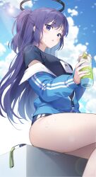  1girl :o absurdres black_halo black_shirt blue_archive blue_buruma blue_eyes blue_jacket blue_sky bottle breasts buruma cloud commentary_request day halo highres holding holding_bottle ika_(4801055) jacket lanyard long_hair long_sleeves medium_breasts official_alternate_costume outdoors plastic_bottle shirt short_sleeves sky solo star_sticker sticker_on_face sunlight sweat thighs two_side_up yuuka_(blue_archive) yuuka_(track)_(blue_archive) zipper 