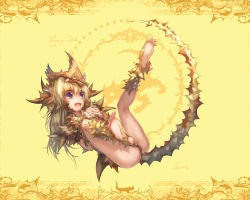  1girl bad_id bad_pixiv_id barefoot blonde_hair blue_eyes claws dragon_girl fang feet interlocked_fingers long_hair monster_girl observerz open_mouth original soles solo tail thorns yellow_background  rating:Sensitive score:37 user:danbooru