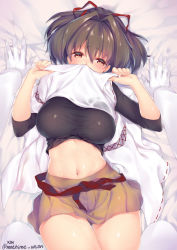 1boy 1girl admiral_(kancolle) blush breasts brown_eyes brown_hair brown_skirt clothes_lift covering_own_mouth cowboy_shot gloves hair_ribbon highres indoors ise_(kancolle) kantai_collection large_breasts lifted_by_self long_sleeves looking_at_viewer lying midriff navel obiwan on_back pov pov_hands red_ribbon revision ribbon ribbon_trim shirt_lift skirt solo_focus sweat undershirt white_gloves rating:Questionable score:22 user:danbooru