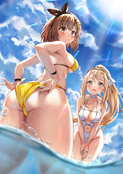  2girls adjusting_clothes adjusting_swimsuit arms_behind_back ass atelier_(series) atelier_ryza atelier_ryza_2 bare_shoulders bikini blonde_hair blush braid breasts bright_pupils brown_hair choker cleavage clothing_cutout cloud collarbone curvy day foreshortening from_behind green_eyes hairband high_ponytail highres huge_ass jewelry key key_necklace klaudia_valentz large_breasts leaning_forward long_hair looking_at_viewer looking_back medium_breasts meri-san multiple_girls navel navel_cutout necklace one-piece_swimsuit open_mouth outdoors reisalin_stout short_hair skindentation star_(symbol) swimsuit thick_thighs thigh_gap thighs thong thong_bikini twisted_torso underboob v_arms wading water wet white_one-piece_swimsuit white_pupils wide_hips yellow_bikini yellow_eyes  rating:Sensitive score:102 user:danbooru
