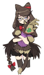 1girl bayonetta_(series) bayonetta_origins:_cereza_and_the_lost_demon black-framed_eyewear black_hair blue_eyes button_eyes cereza cheshire_(bayonetta) commentary cone_hair_bun cowboy_shot cropped_legs dede_(qwea_00000) doll glasses hair_bun holding holding_doll holding_stuffed_toy looking_at_viewer simple_background solo striped_clothes striped_thighhighs stuffed_toy symbol-only_commentary thighhighs white_background