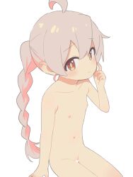  1girl ahoge alternate_hairstyle blush braid braided_ponytail brown_eyes censored cleft_of_venus collarbone dot_nose female_focus flat_chest genderswap genderswap_(mtf) heart heart_censor highres legs_together loli long_hair looking_at_viewer matanukinuki md5_mismatch multicolored_hair navel nipples nude onii-chan_wa_oshimai! oyama_mahiro pink_hair purple_hair pussy simple_background single_braid sitting smile solo tareme two-tone_hair webp-to-png_conversion white_background  rating:Explicit score:161 user:kartais
