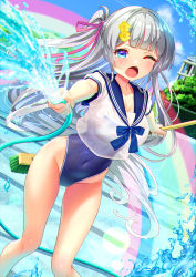 1girl absurdres big_mouth blue_eyes blunt_bangs blush breasts broom cleavage covered_navel empty_pool flower grey_hair groin hair_flower hair_ornament hair_ribbon highleg highleg_swimsuit highres holding holding_broom holding_hose hose large_breasts long_hair moe2022 neck_ribbon one-piece_swimsuit one_eye_closed open_mouth original outdoors pool rainbow ribbon school_uniform see-through see-through_shirt serafuku shouting sky solo spraying summer swimsuit swimsuit_under_clothes tree two_side_up v-shaped_eyebrows very_long_hair water yoko-ya_manjirou rating:Sensitive score:10 user:danbooru