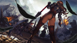  1girl absurdres armor ass axe back battlefield boots border brown_hair castle chainmail cloud elf explosion fantasy_earth_zero feathers fire greaves grin highres horns kanda_(ura-kanda) legs long_hair original planted pointy_ears revision ruins shoulder_armor sky smile smoke pauldrons weapon 