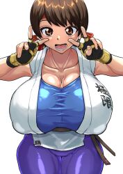  1girl alternate_breast_size artist_request braid breasts brown_eyes brown_hair cleavage covered_erect_nipples double_v fingerless_gloves gloves headband highres huge_breasts legs long_hair looking_at_viewer open_mouth puffy_nipples ryuuko_no_ken smile snk solo spandex thick_thighs thighs v wide_hips yuri_sakazaki 