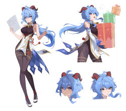  1girl absurdres ahoge bell black_pantyhose blue_hair bodystocking box breasts chinese_knot cowbell cropped_legs cropped_shoulders flower_knot full_body ganyu_(genshin_impact) genshin_impact gift goat_horns gold_trim high_heels highres holding holding_box holding_paper horns kazezz long_hair medium_breasts multiple_views neck_bell pantyhose paper purple_eyes simple_background vision_(genshin_impact) white_background white_sleeves  rating:Sensitive score:6 user:danbooru