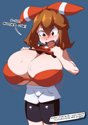 00s 1girl absurdres bandana bike_shorts black_legwear blush bra breasts brown_eyes brown_hair bursting_breasts cleavage clothes_lift colorized creatures_(company) english_text game_freak hair_between_eyes highres huge_breasts lowleg lowleg_shorts may_(pokemon) maydrawfag medium_hair motion_lines nintendo open_mouth oppai_loli pants pokemon pokemon_oras print_bandanna red_bra red_sweater shorts simple_background skindentation sleeveless solo sweat sweater sweater_lift text_focus tight_clothes tight_pants underwear rating:Questionable score:98 user:100241