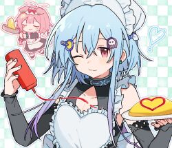  1boy 1girl alternate_costume animal_ears apron arknights black_dress black_sleeves blue_background blue_hair bottle breasts cat_ears cat_girl cat_tail checkered_background chibi cleavage closed_eyes commentary cooking creator_connection crossdressing detached_sleeves dress enmaided food frilled_dress frills frying_pan full_body ghost_hair_ornament goldenglow_(arknights) gradient_hair heart holding holding_bottle holding_frying_pan infection_monitor_(arknights) ketchup light_blue_hair looking_at_viewer maguro_kan maid maid_headdress mizuki_(arknights) multicolored_hair omelet omurice one_eye_closed outline pac-man pac-man_(game) pectoral_cleavage pectorals pink_hair purple_eyes purple_hair smile symbol-only_commentary tail upper_body white_apron 
