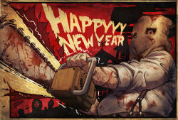  1boy blood chainsaw doctor_salvador dr._salvador english_text katou_teppei male_focus mask new_year red_eyes resident_evil resident_evil_4 solo suspenders 