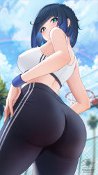 1girl alternate_costume ass ass_focus bare_shoulders basketball_court basketball_hoop blue_hair breasts cloud diagonal_bangs from_behind from_below fukuro_daizi genshin_impact green_eyes highres huge_ass large_breasts leggings looking_back palm_tree pants rainbow shiny_skin short_hair sideboob solo sports_bra sportswear striped striped_leggings sweatband tight_clothes tight_pants tree yelan_(genshin_impact) rating:Questionable score:344 user:armorcrystal