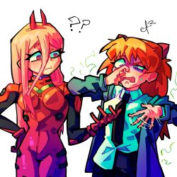  2girls ? ?? alpharecdyt black_necktie bodysuit chainsaw_man closed_mouth collared_shirt cosplay costume_switch hair_between_eyes highres horns long_hair looking_at_another multiple_girls necktie neon_genesis_evangelion open_mouth pink_hair plugsuit power_(chainsaw_man) red_bodysuit red_eyes red_hair shirt simple_background smell souryuu_asuka_langley white_background white_shirt  rating:General score:12 user:danbooru