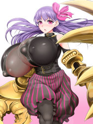 10s 1girl absurdres ahegao8 bare_shoulders bodysuit bow breasts claws collar covered_erect_nipples fate/extra fate/extra_ccc fate/grand_order fate_(series) gigantic_breasts gradient_background hair_bow hair_ribbon highres huge_nipples light_purple_hair long_hair pantyhose parted_lips passionlip_(fate) pink_background pink_eyes purple_hair ribbon simple_background solo white_background rating:Sensitive score:41 user:railbreaker