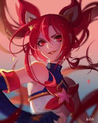  1girl armpits artist_name bare_shoulders blue_gloves blurry depth_of_field fingerless_gloves flat_chest gloves hair_between_eyes hair_ornament jinx_(league_of_legends) league_of_legends long_hair looking_at_viewer open_mouth parted_lips red_eyes red_hair sleeveless sleeveless_turtleneck smile solo songjikyo star-shaped_pupils star_(symbol) star_guardian_(league_of_legends) star_guardian_jinx symbol-shaped_pupils turtleneck twintails upper_body very_long_hair  rating:Sensitive score:26 user:danbooru