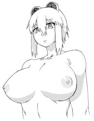 1girl animal_ears araiguma-san arms_at_sides breasts female_focus frown greyscale large_breasts monochrome navel nipples original raccoon_ears short_hair simple_background solo staring topless_frame tsukudani_(coke-buta) white_background rating:Questionable score:23 user:BlueBaroness