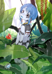  1girl absurdres artist_name bad_id bad_pixiv_id blue_hair blue_skin colored_skin dancho_(dancyo) dated facial_mark flat_chest frog frog_girl from_behind head_tilt highres leaf looking_at_viewer looking_back monster_girl nature nude open_mouth original outdoors solo standing water wet yellow_eyes  rating:Sensitive score:28 user:danbooru