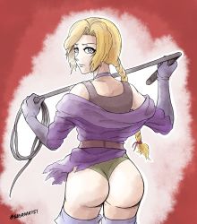  1girl ass blonde_hair blue_eyes castlevania_(series) gloves highres konami leotard long_hair looking_at_viewer ponytail purple_gloves serious sonia_belmont standing tagme thighs thong whip  rating:Questionable score:8 user:MCS89