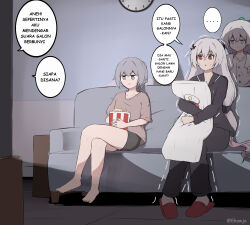  ... 3girls absurdres analog_clock bare_legs barefoot bat_hair_ornament black_bow black_pajamas black_pants black_shirt black_shorts blue_eyes bow bronya_zaychik bronya_zaychik_(haxxor_bunny) brown_shirt clock collarbone commentary_request couch crossed_legs eating food grey_eyes grey_hair hair_between_eyes hair_bow hair_ornament highres honkai_(series) honkai_impact_3rd indonesian_commentary indonesian_text long_hair looking_at_another marintruth multiple_girls on_couch pajamas pants popcorn red_eyes red_footwear scared shirt shorts sidelocks sitting slippers solo spoken_ellipsis sweat theresa_apocalypse theresa_apocalypse_(luna_kindred) theresa_apocalypse_(lunar_vow:_crimson_love) toes towel towel_around_neck translation_request trembling twitter_username wall_clock watching_television white_hair white_shirt zhuge_kongming_(honkai_impact) 