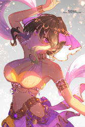  1girl arabian_clothes arm_up armlet bare_shoulders black_hair blush bra bracelet breasts choker circlet cleavage closed_mouth dancer dancing dark-skinned_female dark_skin earrings harem_outfit harem_pants highres idolmaster idolmaster_cinderella_girls idolmaster_cinderella_girls_starlight_stage jewelry kaitou0215 large_breasts looking_at_viewer midriff mouth_veil natalia_(idolmaster) navel official_alternate_costume official_alternate_hairstyle pants purple_eyes revealing_clothes see-through short_hair smile solo standing strapless strapless_bra underwear veil 
