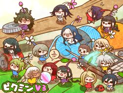  6+boys 6+girls :3 ^^^ absurdly_long_hair ahoge akamatsu_kaede amami_rantaro androgynous android antenna_hair bare_arms bare_shoulders barefoot black-framed_eyewear black_eyes black_hair black_mask black_scarf blonde_hair blue_hair blue_pikmin blue_pikmin_(cosplay) blue_shirt blue_sleeves blunt_bangs blush_stickers bottle_cap bow braid branch breasts brown_hair bud bug can candy_stick cellphone chabashira_tenko checkered_clothes checkered_scarf chibi climbing closed_mouth commentary_request copyright_name cosplay covered_mouth crossed_arms crossed_legs danganronpa_(series) danganronpa_v3:_killing_harmony dark-skinned_female dark_skin dress everyone eyelashes facial_hair flower flying_sweatdrops food food_in_mouth fraction fruit furrowed_brow glasses goatee gokuhara_gonta green_hair grey_hair grey_pants grey_shorts hair_bow hair_flower hair_ornament hair_over_one_eye hair_scrunchie hairband hand_on_own_arm hand_on_own_chin hand_on_own_knee hands_on_own_cheeks hands_on_own_face harukawa_maki holding holding_yarn hoshi_ryoma insect iruma_miu k1-b0 ladybug large_breasts leaf leaf_hair_ornament light_blush long_dress long_hair long_sleeves low_twin_braids low_twintails lying marble_(toy) mask messy_hair mole mole_under_eye mole_under_mouth momota_kaito monokuma mouth_mask multiple_boys multiple_girls nintendo oma_kokichi on_food on_stomach open_mouth orange_(fruit) oversized_clothes oversized_food oversized_object pants phone pikmin_(series) pink_flower purple_dress purple_hair purple_hairband purple_pikmin purple_pikmin_(cosplay) purple_scrunchie purple_shirt purple_sleeves red_dress red_pikmin red_pikmin_(cosplay) red_shirt red_sleeves round_eyewear saihara_shuichi scarf scrunchie shadow shinguji_korekiyo shirogane_tsumugi shirt short_dress short_hair short_sleeves shorts sidelocks sitting sitting_on_food sleeveless sleeveless_dress smile solid_oval_eyes speech_bubble spiked_hair squatting standing stretching t-shirt tojo_kirumi translated turtleneck turtleneck_dress turtleneck_shirt twin_braids twintails two-tone_scarf v-shaped_eyebrows very_long_hair white_bow white_dress white_eyes white_flower white_hair white_pikmin white_scarf white_shirt white_sleeves yarn yellow_dress yellow_pikmin yellow_pikmin_(cosplay) yellow_shirt yellow_sleeves yonaga_angie yumaru_(marumarumaru) yumeno_himiko zipper 
