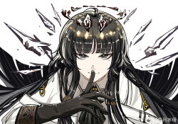  1girl antenna_hair arknights artist_name ascot belt belt_buckle black_ascot black_eyes black_gloves black_hair black_halo black_wings blunt_bangs broken_halo buckle chinese_text closed_mouth collared_jacket dark_halo detached_wings energy_wings finger_to_mouth floating_hair gloves halo hand_up hime_cut jacket light_smile long_hair long_sleeves looking_at_viewer mole mole_under_eye pale_skin sidelocks simple_background solo upper_body virtuosa_(arknights) watermark weibo_7593577796 weibo_logo weibo_watermark white_background white_belt white_jacket wing_collar wings  rating:General score:5 user:danbooru
