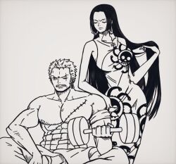  1boy 1girl anger_vein blush boa_hancock breasts clenched_teeth closed_eyes closed_mouth dress earrings hair_flip highres holding japanese_clothes jewelry kimono kuja_pirates_jolly_roger large_breasts long_hair monochrome muscular muscular_male nipples one_piece pectorals rocckart roronoa_zoro snake_earrings teeth training very_long_hair weights 
