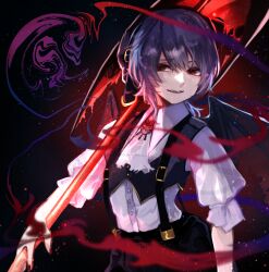  1girl ascot bat_wings black_ascot black_background collared_shirt hair_between_eyes holding holding_polearm holding_weapon jewelry late_(late327) looking_at_viewer open_mouth polearm purple_hair red_eyes remilia_scarlet shirt short_hair short_sleeves skirt solo teeth touhou upper_teeth_only weapon white_shirt wings 