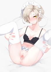 1girl after_vaginal aftersex anus ase_(apocrine) azur_lane bar_censor bare_shoulders black_bra blonde_hair blush bottomless bra braid breasts censored cleavage clitoris closed_mouth collarbone cum cum_in_pussy cumdrip expressionless feet garter_belt garter_straps hair_over_one_eye highres lace lace-trimmed_bra lace_trim legs_up looking_at_viewer maid maid_headdress navel no_panties pussy sheffield_(azur_lane) short_hair simple_background solo solo_focus spread_legs thighhighs underwear underwear_only white_background white_thighhighs yellow_eyes rating:Explicit score:57 user:danbooru