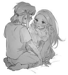 1boy 1girl blush breasts cleavage ear_piercing full_body greyscale highres link long_hair looking_at_another medium_hair monochrome nightgown nintendo pants parted_lips piercing pointy_ears princess_zelda shirt short_ponytail sitting the_legend_of_zelda the_legend_of_zelda:_breath_of_the_wild turippy 