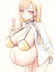 1girl akai_(riaakai) big_belly bikini blonde_hair blush breasts choker cleavage closed_mouth cowboy_shot curvy ear_piercing earrings female_focus highres huge_breasts jacket jewelry kitagawa_marin large_breasts long_hair navel necklace outie_navel piercing pink_eyes pregnant sidelocks simple_background solo sono_bisque_doll_wa_koi_wo_suru standing swimsuit thighs v rating:Sensitive score:103 user:Oppai_chan