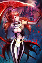  1girl breasts castle devil_maker gloves kyungkyung long_hair medium_breasts pants red_eyes red_hair ribbon striped_clothes striped_pants weapon  rating:Sensitive score:10 user:0804jsw