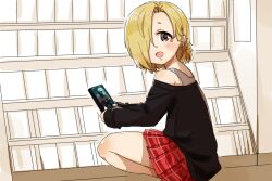  1girl :d bare_shoulders black_shirt blonde_hair blush brown_eyes commentary_request friday_the_13th from_side hair_over_one_eye holding idolmaster idolmaster_cinderella_girls indoors long_sleeves looking_at_viewer looking_to_the_side off-shoulder_shirt off_shoulder open_mouth plaid plaid_skirt pleated_skirt puffy_long_sleeves puffy_sleeves red_skirt shirasaka_koume shirt skirt sleeves_past_wrists smile solo squatting yukie_(kusaka_shi)  rating:Sensitive score:9 user:danbooru