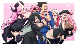  1boy 5girls ace_attorney another_code ashley_mizuki_robbins bent_over black_hair blue_suit breasts cleavage clothes_pull crossover dress eris_illmater foamstars formal grinding hat highres horns hug hug_from_behind huge_breasts inkling inkling_girl inkling_player_character master_detective_archives:_rain_code mike_inel multiple_crossover multiple_girls nintendo panties pants pants_pull phoenix_wright shinigami_(rain_code) smile soa_(foamstars) splatoon_(series) suit tyrion_cuthbert:_attorney_of_the_arcane underwear white_hair wince 