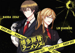  2boys banba_zenji black_background black_suit blonde_hair brown_hair bullet_hole caution_tape character_name copyright_name formal gloves hakata_tonkotsu_ramens highres keep_out litchi_(taechiii2) male_focus multiple_boys necktie ponytail red_necktie smile suit white_gloves xianming_lin 