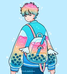  backpack bag blue_background blue_eyes blue_jacket bubble_tea constellation emily_kim from_behind halo highres jacket letterman_jacket liquid looking_back multicolored_clothes multicolored_hair original rainbow rainbow_hair short_hair simple_background sparkle transparent_bag twitter_username winged_clothes 