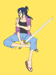  1girl black_tank_top blue_eyes blue_pants commentary english_commentary glasses holding holding_sword holding_weapon looking_to_the_side one_piece pants pastghost ponytail purple_shirt sandals scar_on_shoulder shirt sidelocks simple_background sitting solo sword tank_top tashigi weapon yellow_background 