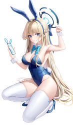  1girl animal_ears bare_shoulders blonde_hair blue_archive blue_bow blue_eyes blue_footwear blue_hair blue_halo blue_leotard bow braid breasts cleavage closed_mouth detached_collar fake_animal_ears full_body hair_bow halo high_heels highleg highleg_leotard highres leotard long_hair looking_at_viewer medium_breasts melt_(melt_out1) multicolored_hair official_alternate_costume playboy_bunny rabbit_ears solo sparkle thighhighs toki_(blue_archive) toki_(bunny)_(blue_archive) white_background white_thighhighs white_wrist_cuffs wrist_cuffs 