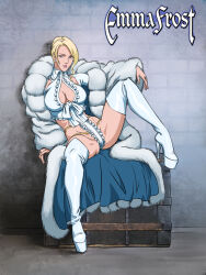  1girl blonde_hair boots breasts cleavage coat emma_frost fur_coat fur_collar high_heel_boots high_heels large_breasts long_coat non-web_source purple_eyes white_footwear white_fur 