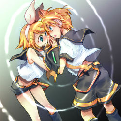  1boy 1girl bare_shoulders blonde_hair brother_and_sister detached_sleeves hetero incest james_hotate kagamine_len kagamine_rin ribbon short_hair shorts siblings twincest twins vocaloid  rating:Sensitive score:6 user:danbooru