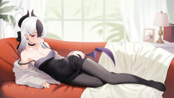  1girl :/ aru_(blue_archive) black_bow black_choker black_dress black_hair black_horns black_pantyhose blue_archive blurry blurry_background book bow breasts cardigan choker cleavage closed_mouth collarbone commentary_request couch covered_navel curtains day demon_horns demon_wings double-parted_bangs dress ear_piercing earclip gradient_hair grey_cardigan grey_hair grey_halo hair_between_eyes hair_bow hair_ornament hairclip halo hand_on_own_hip highres horns indoors kayoko_(blue_archive) kayoko_(dress)_(blue_archive) lamp lampshade large_breasts light_blush long_hair long_sleeves looking_at_viewer low_wings lying mao_shi_shisan mole mole_on_neck multicolored_hair no_shoes off_shoulder official_alternate_costume on_couch on_side open_cardigan open_clothes pantyhose photo_(object) picture_frame piercing plant purple_wings red_eyes single_wing sleeves_past_wrists solo strap_slip white_hair window wings  rating:Sensitive score:4 user:danbooru