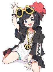  1girl arm_up beanie black_eyes black_hair borrowed_clothes chain_necklace cosplay creatures_(company) eyewear_on_head game_freak guzma_(pokemon) guzma_(pokemon)_(cosplay) hat hood hoodie jewelry k_rough necklace nintendo open_mouth oversized_clothes pokemon pokemon_sm red_hat selene_(pokemon) short_hair simple_background sitting skull_necklace solo sunglasses team_skull wariza waving_arm white_background z-ring  rating:Sensitive score:29 user:danbooru