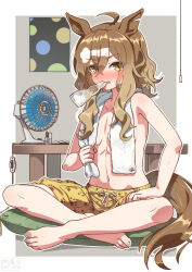  1girl absurdres ahoge animal_ears artist_name barefoot blush border breasts brown_hair clenched_teeth closed_mouth electric_fan grey_background hair_between_eyes hair_down highres horse_ears horse_girl horse_tail indian_style indoors jungle_pocket_(umamusume) long_hair looking_at_viewer mouth_hold nail_polish notched_ear on_pillow paw_print shorts sitting small_breasts solo table tail teeth toenail_polish toenails toes topless towel towel_around_neck umamusume utm_iota white_border yellow_eyes yellow_shorts 